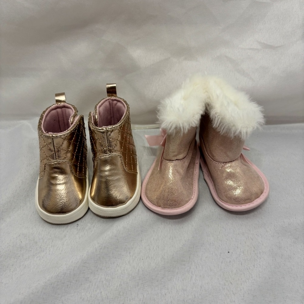 (2 Pair) Girl Child Of Mine Winter Boots Size 1 Infant: Gold/Pink W glitter/fur